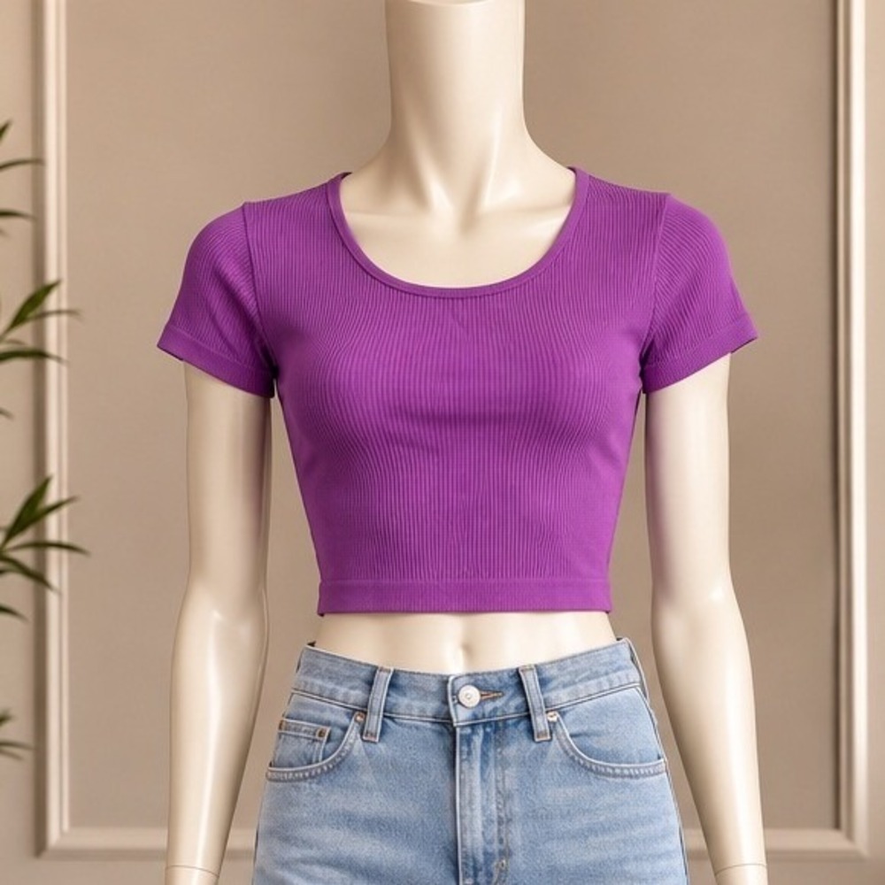 Elodie Womens Top Ribbed Short Sleeve Crop Purple L/XL